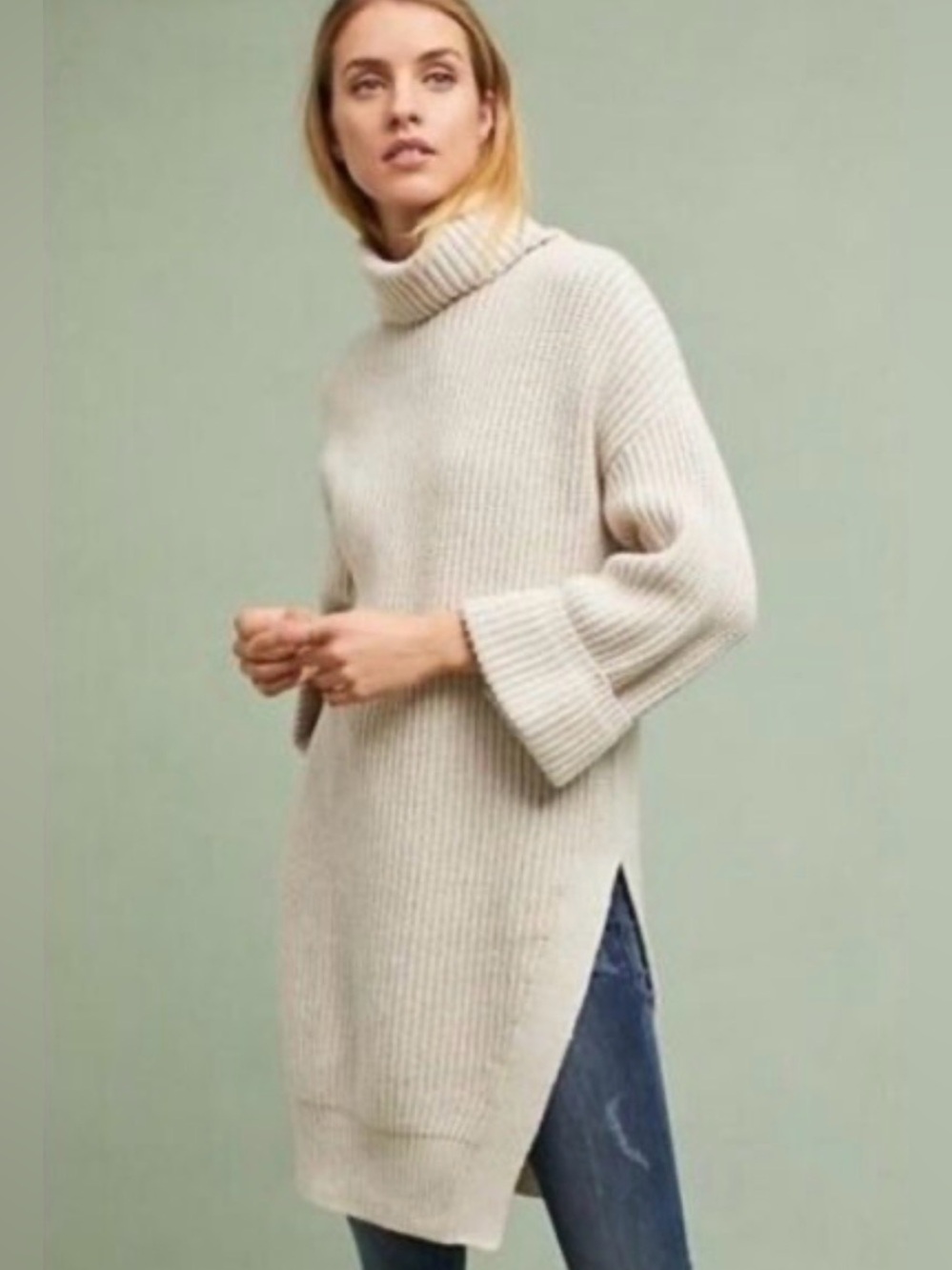 Anthropologie Moth Knit Cuff Sleeve Turtleneck Tunic Sweater Dress Sz M